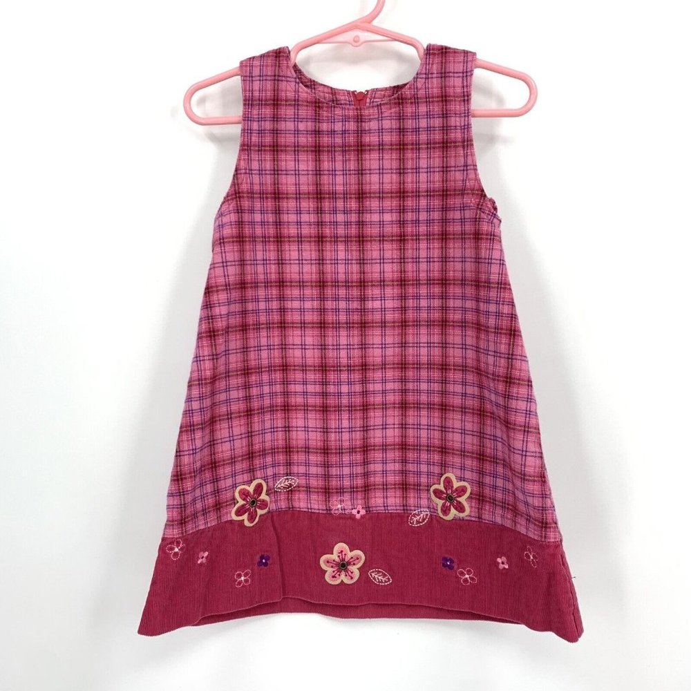 Oshkosh Bgosh Pink Flannel Plaid Dress Floral Embroidery Sleeveless Jumper 3T